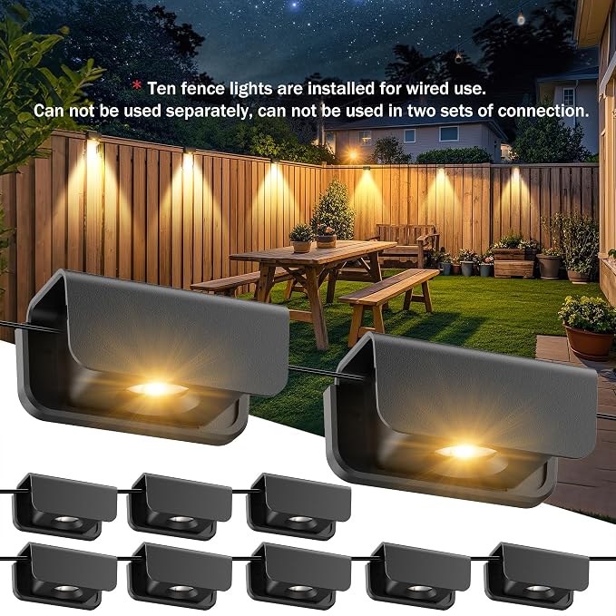 Fence Lights Outdoor, 10 Pack Deck Light with wire, Warm White Step Lights | IP65 Waterproof Outdoor for Stairs, Step, Wall, Yard, Porch, Garden, Patio, and Pathway
