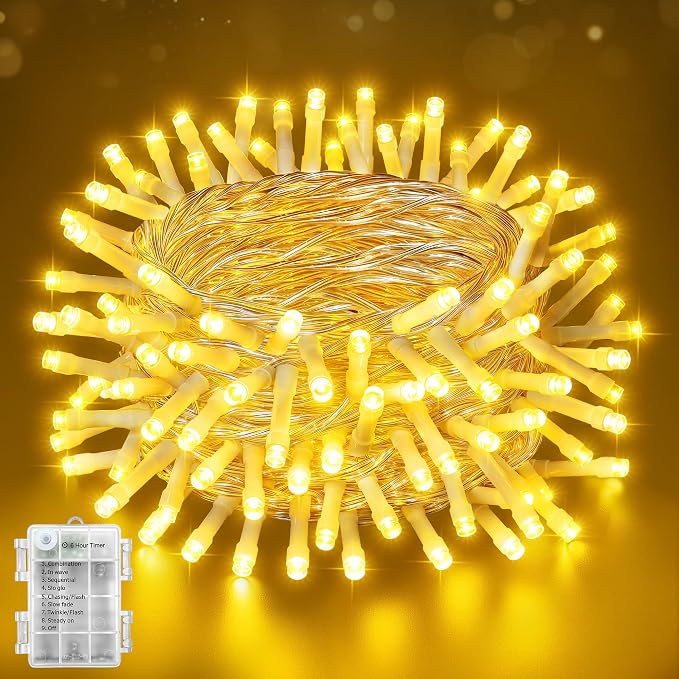 Ollny Fairy Lights Battery Operated, 100 LED 33FT Battery Powered String Lights, 8 Modes Waterproof LED Light for Bedroom Indoor Outdoor Camping Classroom Party Decor, Warm White