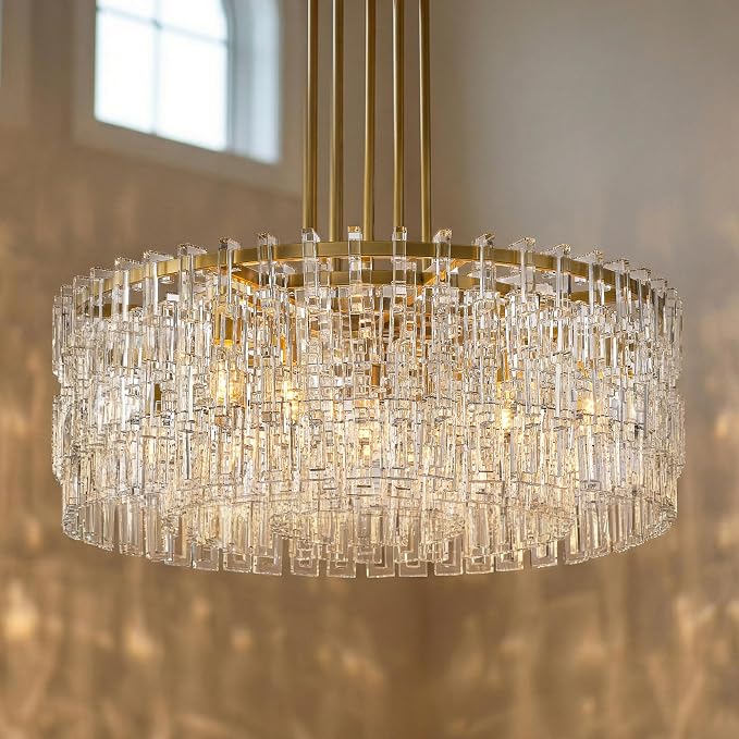 36'' W Round Single-Tier Crystal Chain Chandelier 9-Light E26 Modern Pendant Light, Burnished Brass Finish with 350+ Crystal Links, 79 Inch Adjustable Hanging Rod Ceiling Light, Gold