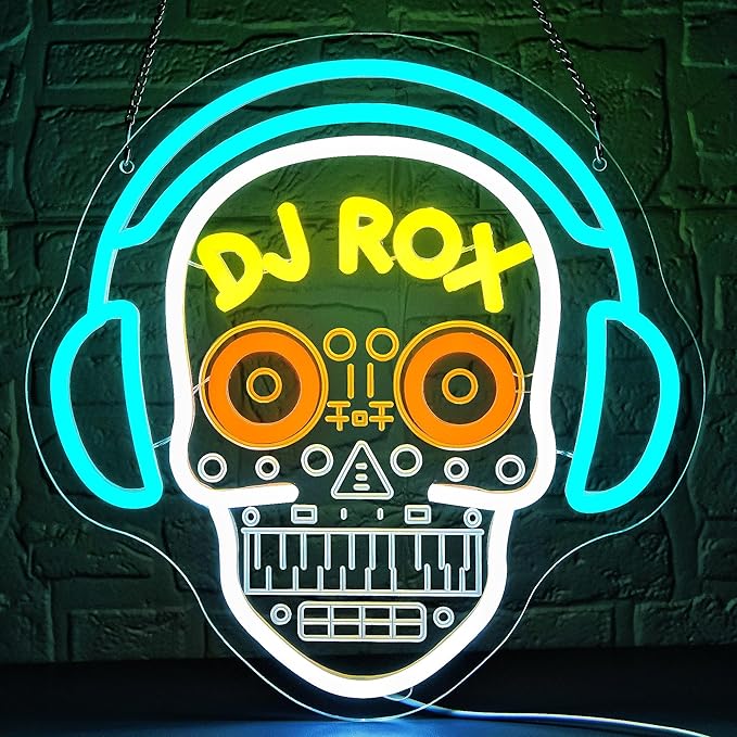 DJ Neon Sign for Wall Decor Dimmable DJ Skull Neon Light for Man Cave Birthday Gifts for Music Fans LED Music Sign for Record Room Studio Dancing Hall Mexican Bar Art 12.7 * 12.5In (WZCP224)