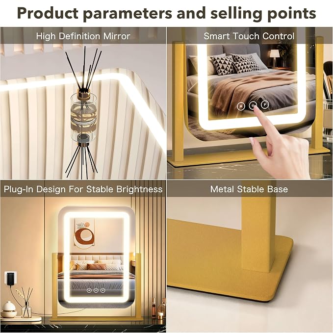 12"×13.9" Vanity Mirror with Lights, LED Makeup Mirror | Smart Touch, 3 Dimmable Colors, Memory Function, 10X Magnifying, for Desk, Bedroom, Dorm, Vanity