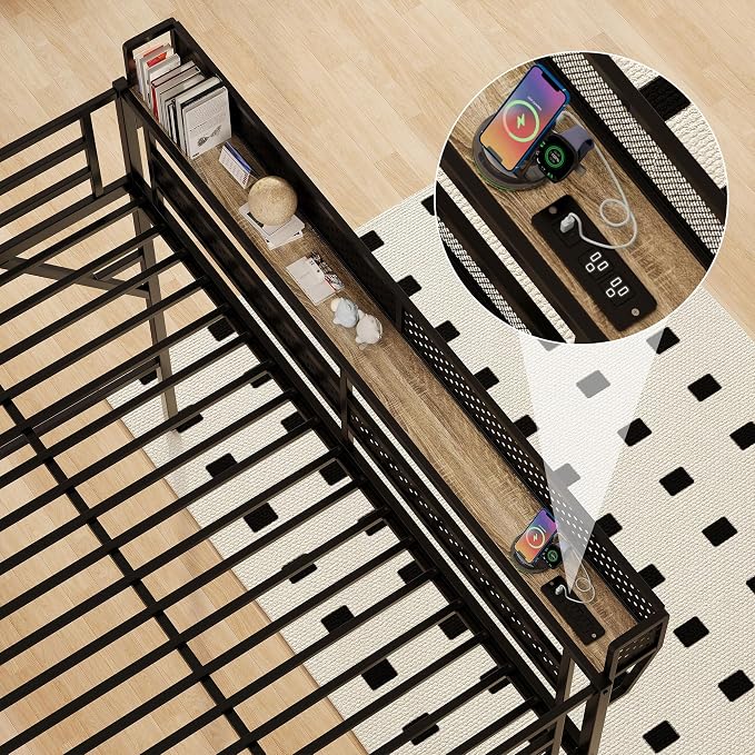 Queen Size Metal Loft Bed with Reversible Stairs and LED & USB Port | Storage Shelf, Reversible Storage Stairs with Wardrobe, LED Lights,USB Charging Port,Sturdy Noise-Free Design,Large Under Bed