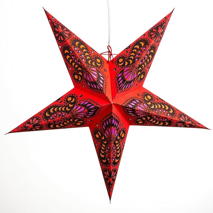Peacock Paper Star (Red) Lantern with 12 Foot Power Cord Included