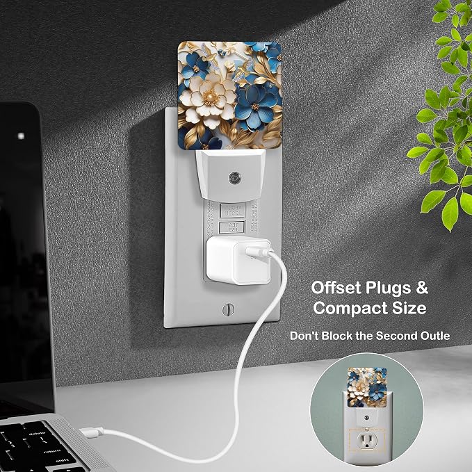 LED Night Light Lamp with Smart Sensor Dusk to Dawn Sensor,Gold and Blue Flowers Night Light Daylight White,0.5W Plug-into Wall for Adults,Bedroom,Bathroom,Hallway,Kitchen