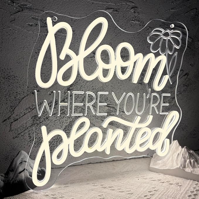 Bloom Where You’Re Planted Neon Sign, Inspirational Neon Light USB Powered LED Flower Sign Dimmable, for Office Motivational Graduation Gift Bedroom Room Living Room Library(12.9 * 12.9 In)