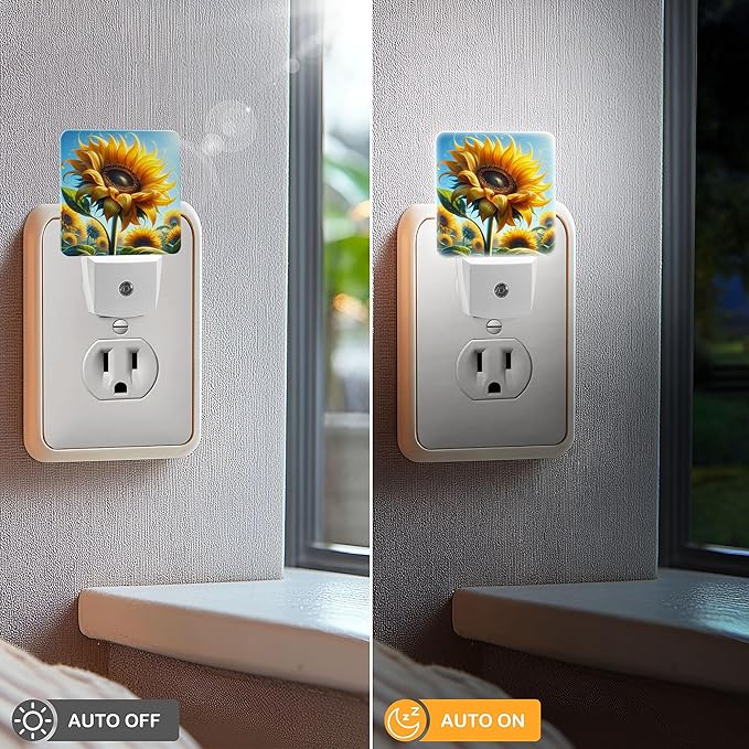 LED Night Light Lamp with Smart Sensor Dusk to Dawn Sensor,Large Vivid Sunflower with Curve Petal Surrounded By Other Sunflower Under Blue Sky Night Light Daylight White,0.5W Plug-into Wall