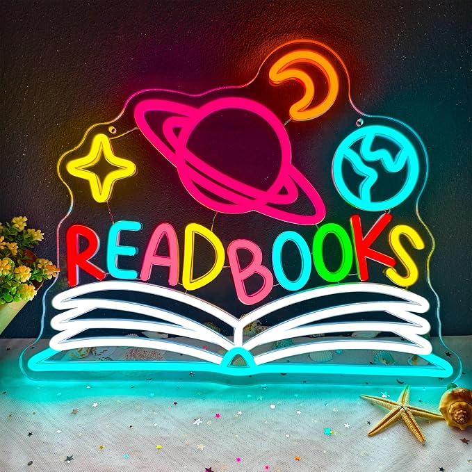 Read Books Neon Sign Dimmable Planet and Book Neon Light for Wall Decor | USB Powered Read LED Neon Signs for Classroom Reading Room Bookstore Library Bedroom Study Room Bookish Decoration for Teens