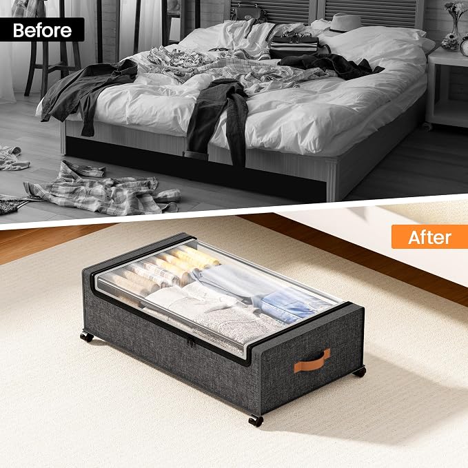 Yecaye 82L Under Bed Storage Containers, Fits 9.4" Under Bed, 2 Pack, Grey | XXL Capacity, 360° Rolling Wheels, Sturdy Metal Frame, Clear Window & Label, Storage Bins for Clothes, Blankets, Shoes