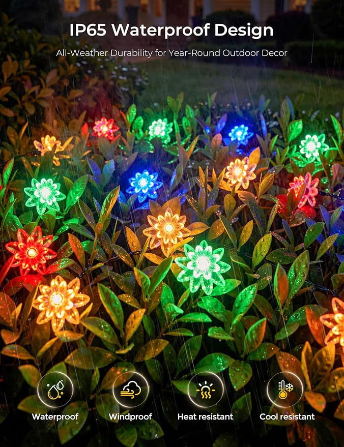Brightown 50 LED Flower Solar String Lights Outdoor Waterproof, Multicolor | Solar Powered Fairy Lights with 8 Modes for Garden Fence Yard Patio Christmas Tree Party Wedding Decor