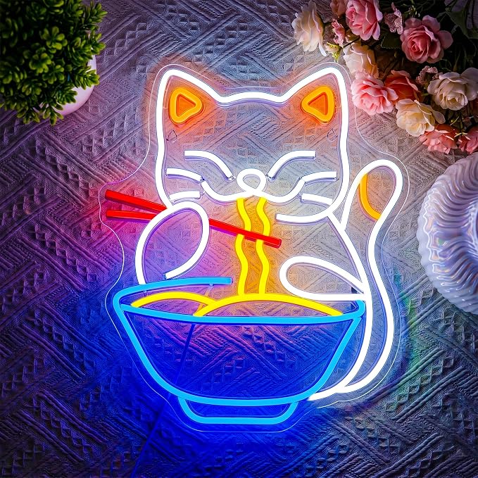 Neon Sign, Ramen Cat Neon Signs for Wall Decor LED Signs Neon Light | Cat Ramen Neon Sign, Dimmable Cat Noodle LED Sign for Bedroom, Kids Room, Restaurant, Kitchen, Home Decor, Gift, USB Powered