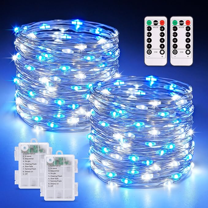 JMEXSUSS 2 Pack 33ft 100 LED Fairy Lights Battery Operated, Blue and White | Christmas Lights with Remote, Timer, 8 Modes, Battery Powered Twinkle String Lights for Bedroom Christmas Tree Mantel Decor