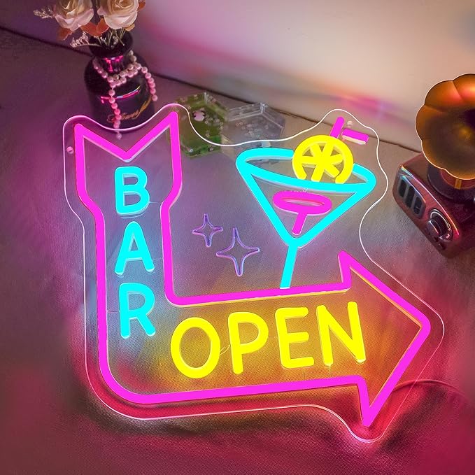 Bar Open Neon Sign for Business,Cocktails Led Pink Neon Lights, Neon Bar Signs for Wall Decor, Arrow USB Light Letter Sign Neon for Gift Store Beer Bar Restaurant Man Cave Hotel Window Cafe Bistro Club Halloween Party