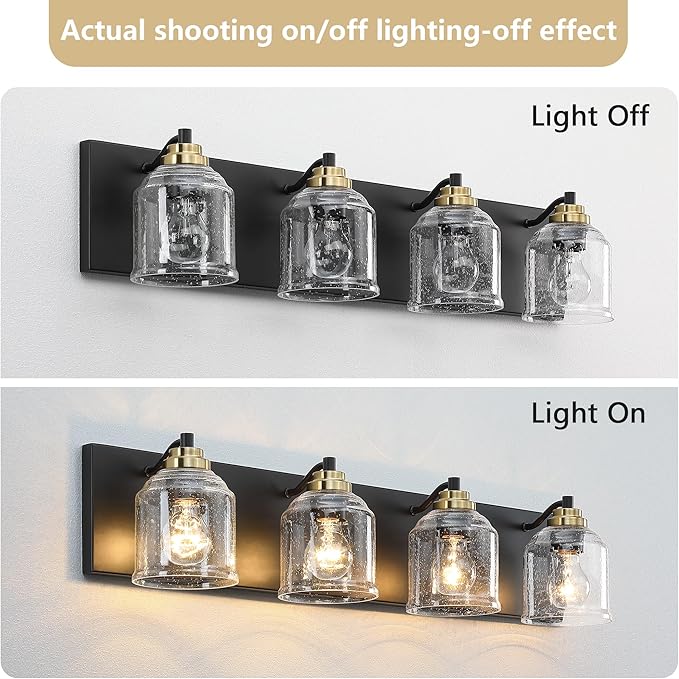 31.5" Large Farmhouse Bathroom Vanity Light,4-Light Black and Gold Metal Vanity Light with Bubble Glass Shades,Rustic Wall Sconce Lighting Fixtures Over Mirror for Barhroom,Kitchen. BD005-4-BG