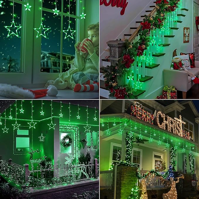 St Patricks Day Lights, 126 LED 8.2 FT Green Star Icicle Lights with 8 Modes Waterproof, Plug in Clear Wire Timer Curtain Lights for St Patrick Decorations Indoor Window Outdoor Party Decor