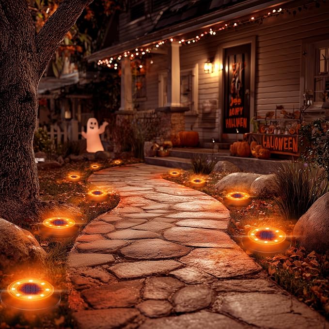 Flacchi Solar Lights Outdoor Waterproof，Orange 12 Pack 2-in-1 Ground Lights | Halloween Lights Outdoor Solar Disk Light Landscape Light for Deck Step Patio Yard Pathway Walkway Driveway Garden