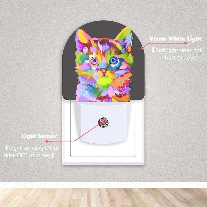 Colorful Cute Cat Night Lights Plug into Wall for Girls Boys Room,Night Light LED Lamp Dusk to Dawn Sensor Round Lamp for Bedroom Bathroom Hallway Home Wall Decor