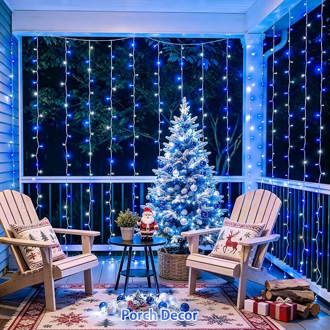 JMEXSUSS 200 LED USB Curtain Lights Blue and White | Remote Curtain Christmas Lights, 8 Modes Christmas String Lights for for Bedroom, for Christmas, for Party, 6.5ftx6.5ft