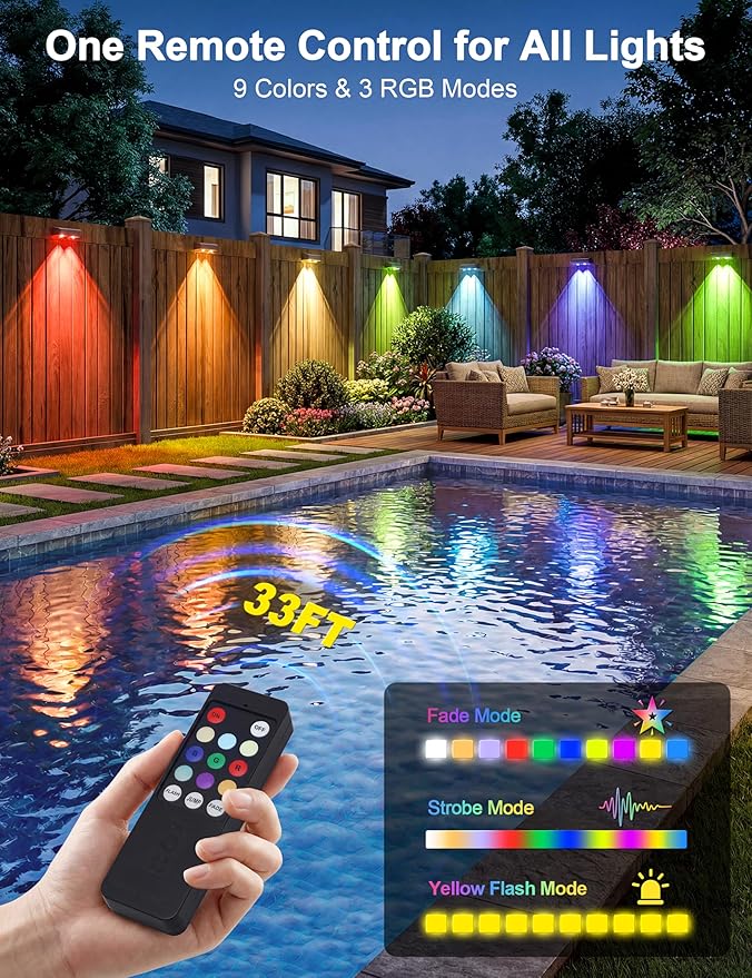 Solar Fence Lights with Remote, Warm White, Cool White and RGB Color Glow LED Outdoor Wall Lights, IP65 Waterproof Solar Lights for Fence, Backyard, Railing, and Deck, Home Improvement, 2 Pack