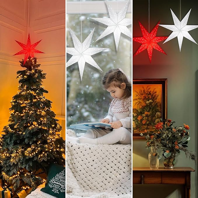 GalaxyArts 24-Inch Red Paper Star Lantern - 3D 7-Point Hanging Decoration for Christmas, Diwali, Party, Wedding - Handcrafted Foldable Lamp for Indoor & Outdoor Use - Boho Star Light (Medium)