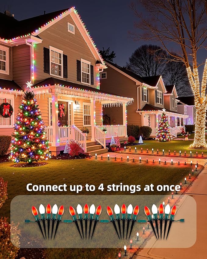 Christmas Pathway Lights Outdoor, 51.4 Ft Driveway Lights with 40 Multicolor Bulbs and Stakes, Connectable Outdoor Christmas Decorations Yard Walkway Sidewalk Holiday, Multicolor