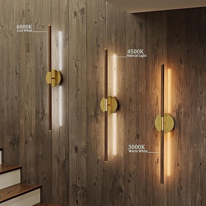 24" Battery Operated Wall Sconce Set of 2, 350° Rotating Lamp, Walnut Gold | Wireless, 8000mAh Rechargeable Battery, Stepless Dimming, 3000K-6000K, Remote & Touch Control, Timer, Living Room, Bedroom