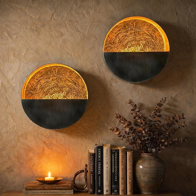 NativeSkins Eclipse Wall Candle Sconces Set of 2 – 6.5" Round Metal Tea Light Holders (3" Depth) with Gold Leaf Interior – Antique Nickel Decorative Accent for Bedroom, Hallway, Bathroom