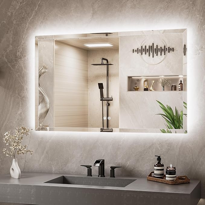TETOTE 48 x 30 Backlit Mirror Bathroom, LED Vanity Mirror with Beveled Edge, Tempered Glass, 3 Colors Lights, Anti-Fog, Adjustable Brightness, Smart Bathroom Mirror, Frameless LED Vanity Wall Mirror