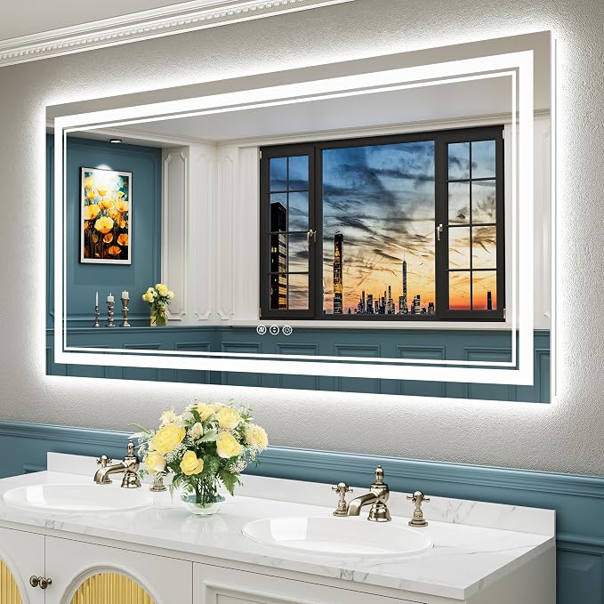 55x30 LED Bathroom Mirror, Backlit & Front Lit Lighted Mirror | Anti-Fog Vanity Mirror with Lights, 3 Color Dimmable, Memory, Shatterproof, Tempered Glass, CRI95, UL Listed, Wall Mounted