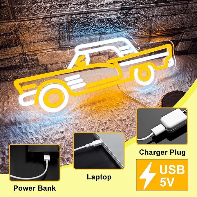 Vintage Sports Car Neon Sign, Cool Dimmable LED Retro Yellow Sports Car Shape Neon Sign, USB Powered Car Sign for Garage Bar Party Boys Room Game Room Man Den Bedroom Birthday Gift(15.7 * 6in)