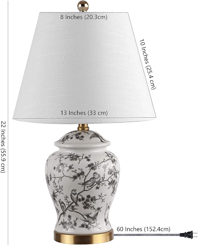 JONATHAN Y Penelope Ginger Jar 22" LED Table Lamp, Gray/White | Chinoiserie, Ceramic Metal Construction, French Country Traditional, Linen Empire Shade, Brass Gold, LED Bulb Included
