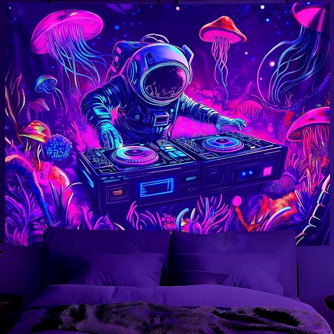 BVBOX Blacklight Space Astronaut Tapestry UV Reactive Galaxy Planet Glow in Dark Tapestries Black Light Poster Neon Wall Hanging Art for bedroom Living Room (Astronaut DJ-3M)
