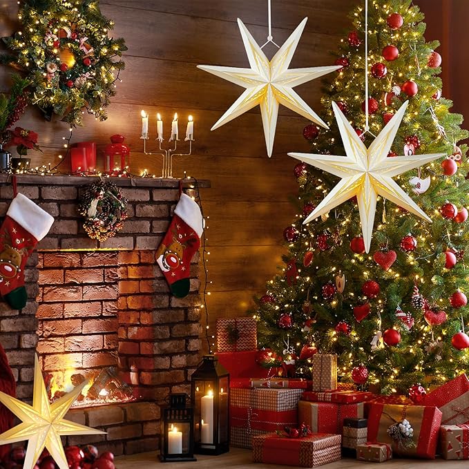 SUNBEAUTY 7-Pointed 12Inch Hollow Out Paper Star Lanterns White Christmas Lanterns Hanging Lamp Paper Decorations Shade Wedding Birthday Christmas Home Party Decorations