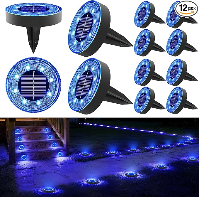 Joomer 2-in-1 Solar Lights Outdoor Waterproof, 12 Pack 8 LED, Blue | Solar Powered Garden Lights Ground Disc Landscape Lighting for Patio Pathway Lawn Yard Driveway Walkway Deck Step