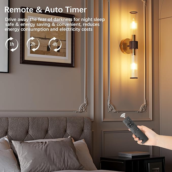 Morauroral Gold Walnut Battery Operated Wall Sconces Set of 2, Rechargeable Wall Lights with Remote, 20 Inch Modern Wireless Wall Lamp for Bedroom, Living Room (Bulbs Included)