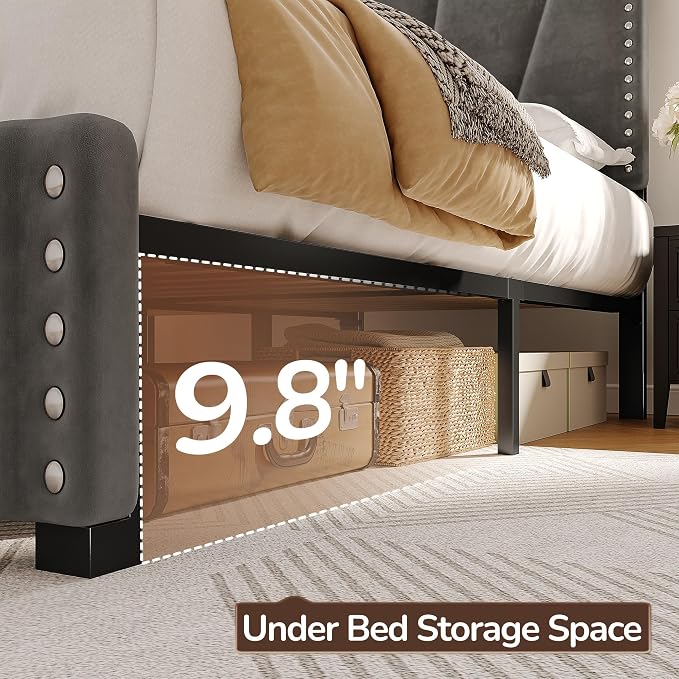 EnHomee Twin Bed Frame with LED Lights & USB, Noise-Free, Grey | Adjustable Velvet Headboard，Under-Bed Storage，Heavy Duty Support with 12 Slats，No Box Spring Needed，Easy Assembly for Bedroom