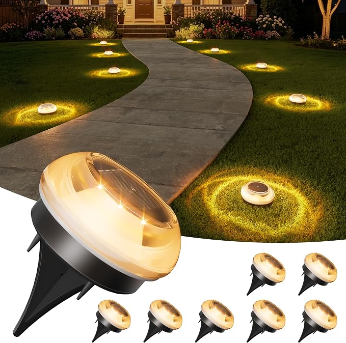 VOLISUN Mini Solar Pathway Lights Outdoor,8 Pack Flat Solar Ground Lights | IP67 Waterproof Solar Powered Disc Lights,Landscape Lighting for Garden Yard Walkway Luces Patio Driveway,Warm White