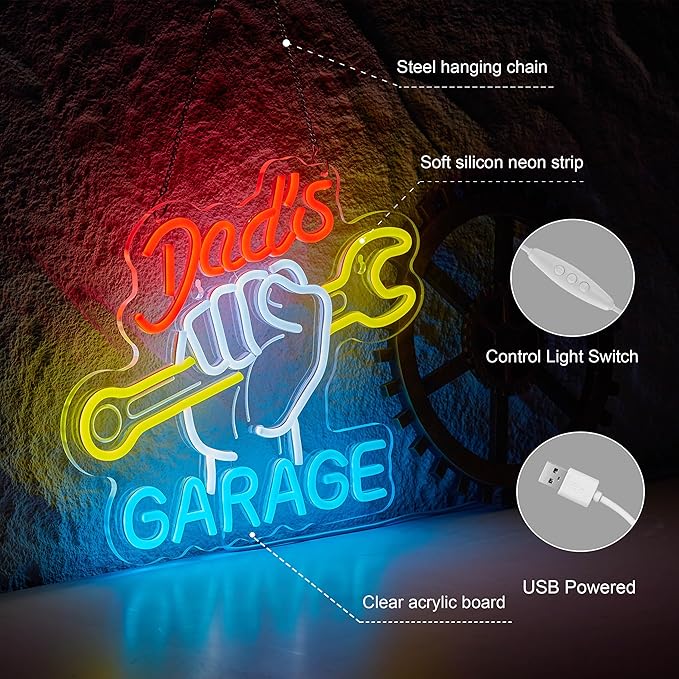 Dad's Garage Neon Sign for Wall Décor Garage LED Car Signs for Auto Repair Shop Man Cave Workshop Decor for Fathers Gift