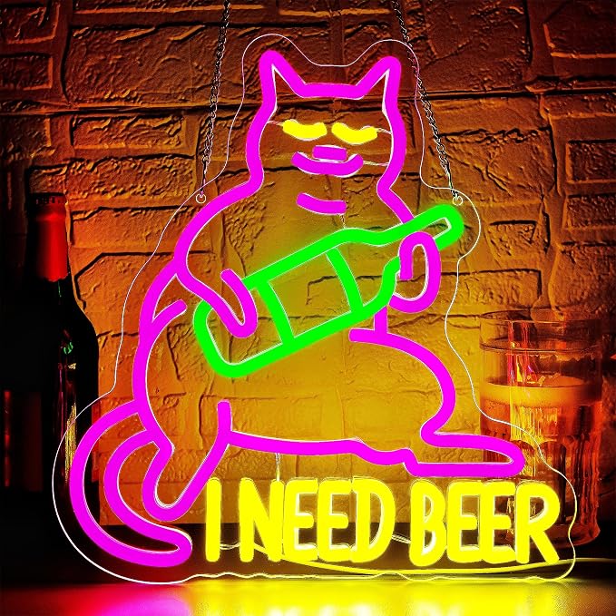 I Need Beer Neon Sign for Wall Decor Drinking Beer Neon Light for Man Cave | Dimmable LED Neon,Drinker Birthday Beer Gifts,Led 5V USB Powered,Bar,Pub,Bistro,Party Decor,Business Wall Art,13.3*14.1in
