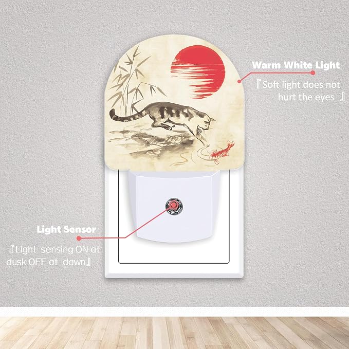 Japanese Funny Cat Night Lights Plug into Wall for Girls Boys Room,Night Light LED Lamp Dusk to Dawn Sensor Round Lamp for Bedroom Bathroom Hallway Home Wall Decor
