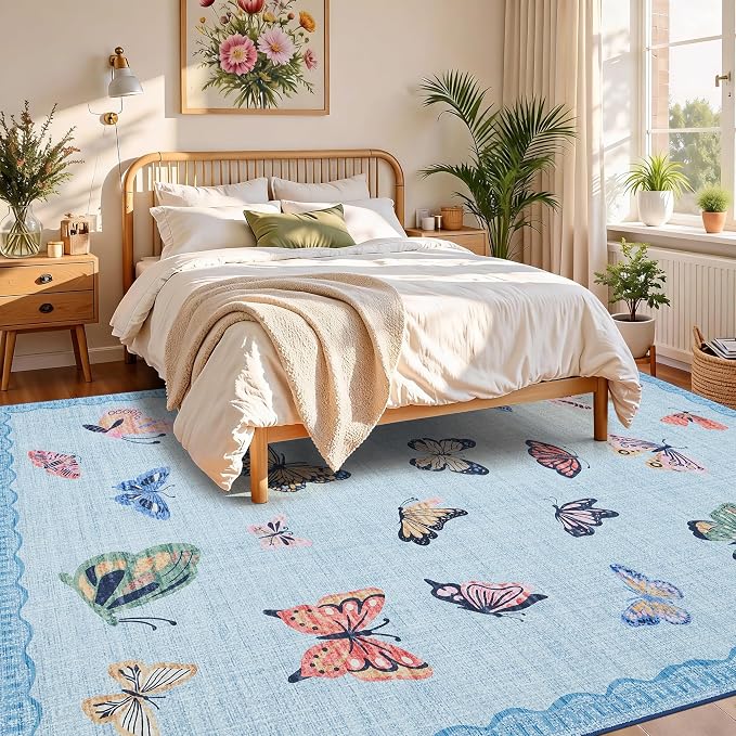 GarveeHome Butterfly Area Rug 9x12, No Slip Washable Rug, Modern Bedroom Rug Under Bed Ultra Carpet, Low-Profile Rugs for Living Room Bedroom Dining Room, Light Blue