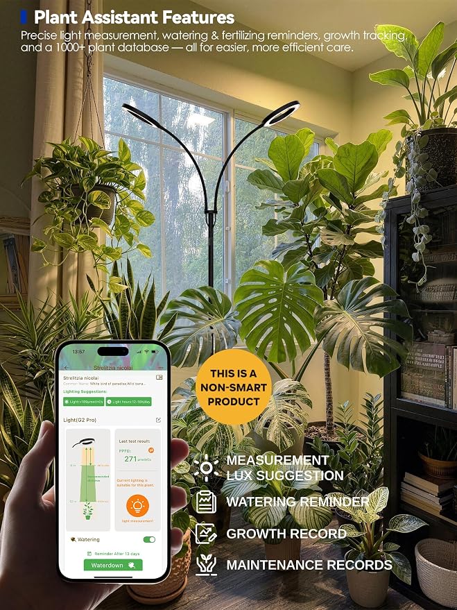 36W Grow Lights for Indoor Plants,Full Spectrum LED Plant Light with Stand | Dual Heads, Adjustable Height and Angle, 3/9/12H Timer, Dimmable, 3 Modes Floor Plant Growing Lamp for Indoor Growing, Black