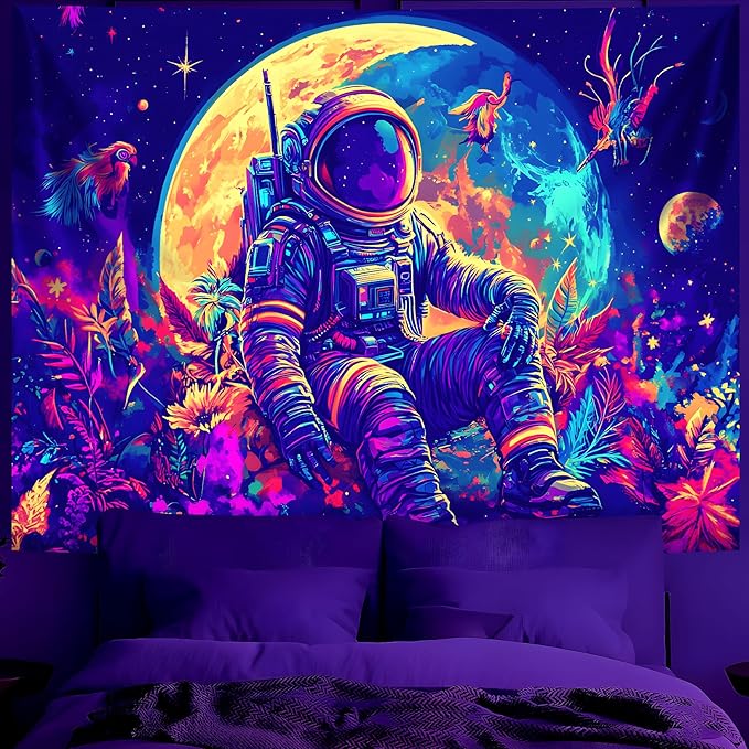 BVBOX Blacklight Space Astronaut Tapestry UV Reactive Galaxy Planet Glow in Dark Tapestries Black Light Poster Neon Wall Hanging Art for bedroom Living Room (Astronaut & Moon-3M)