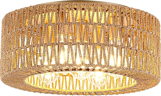 Rpzloila 18" Rattan Light Fixture, 5-Light Boho Ceiling Light, Gold Flush Mount Ceiling Light for Bedroom, Hallway, Entryway, Kitchen, Living Room