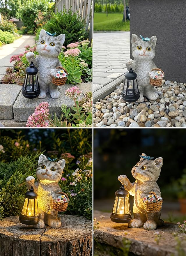 Brightown Solar Cat Garden Decor Statue with Solar Lantern Light, Hand-Painted Resin, IP65 Waterproof Outdoor Decor for Patio, Balcony & Yard Decorations, Unique Mothers Day Gifts for Mom Women
