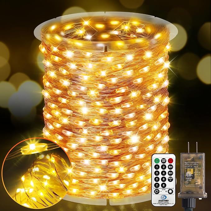 KNONEW 400FT 1200LED Outdoor Fairy Lights Plug in Warm White Xmas Decor | Timer, Memory, Dimmable, Remote, Waterproof, Copper Wire, Flexible, for Garden, Wedding, Party, Indoor/Outdoor, Christmas