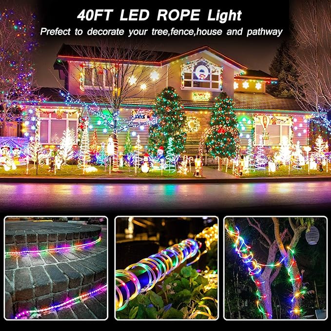 LED Rope Lights Battery Operated String Lights 120 LEDs 8 Modes | IP65 Waterproof 40ft Battery Powered Rope Lights With Dimmable Remote for Party Garden Holiday Decoration(Multicolor)