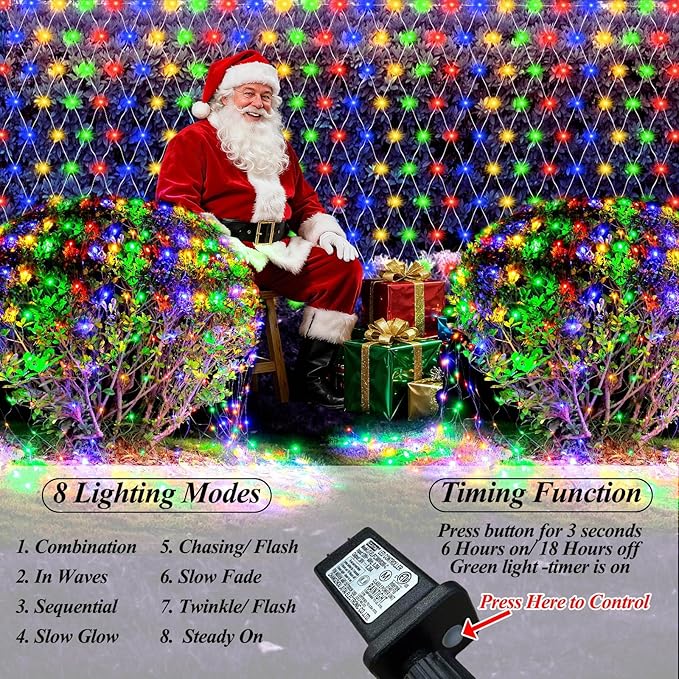 Lovelite 8ft x 8ft Net Lights, 180LED Gazebo Lights Outdoor 8 Modes Timer, Waterproof Connectable Christmas String Lights Clear Wire Plug in for Bushes Patio Pergolas Garden Holiday Party - Mulicolor
