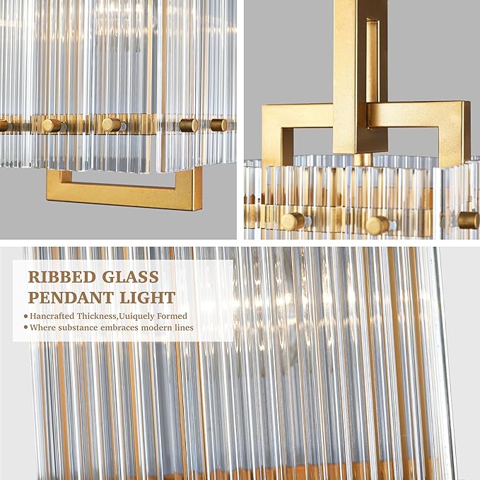IKK Gold Pendant Light for Kitchen Island, Luxury Ribbed Glass Chandelier Lights Fixture, Modern Elegant Adjustable Pendant Lighting for Dining Room Bedroom, E26 Bulb, L6.5'' x H14''