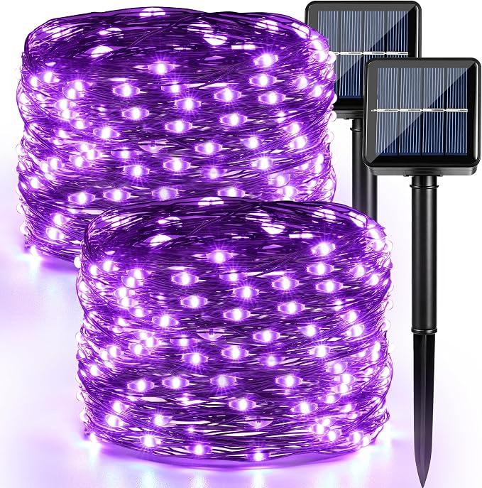 Brizled Solar Halloween Purple Fairy Lights, Outdoor Halloween String Light | 2 Pack Total 78FT 240 LED; 8 Modes; Waterproof Mni Twinkle Lights Black Wire for Outside Party Tree Fence Garden Decorations