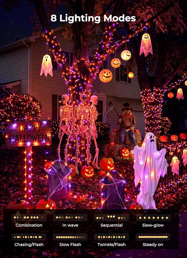 Halloween Fairy Lights Plug in, 33Ft 100 LED USB Twinkle String Lights with Remote and Timer, Waterproof 8 Modes for Home Party Haunted House Indoor Outdoor Halloween Decorations, Orange & Purple
